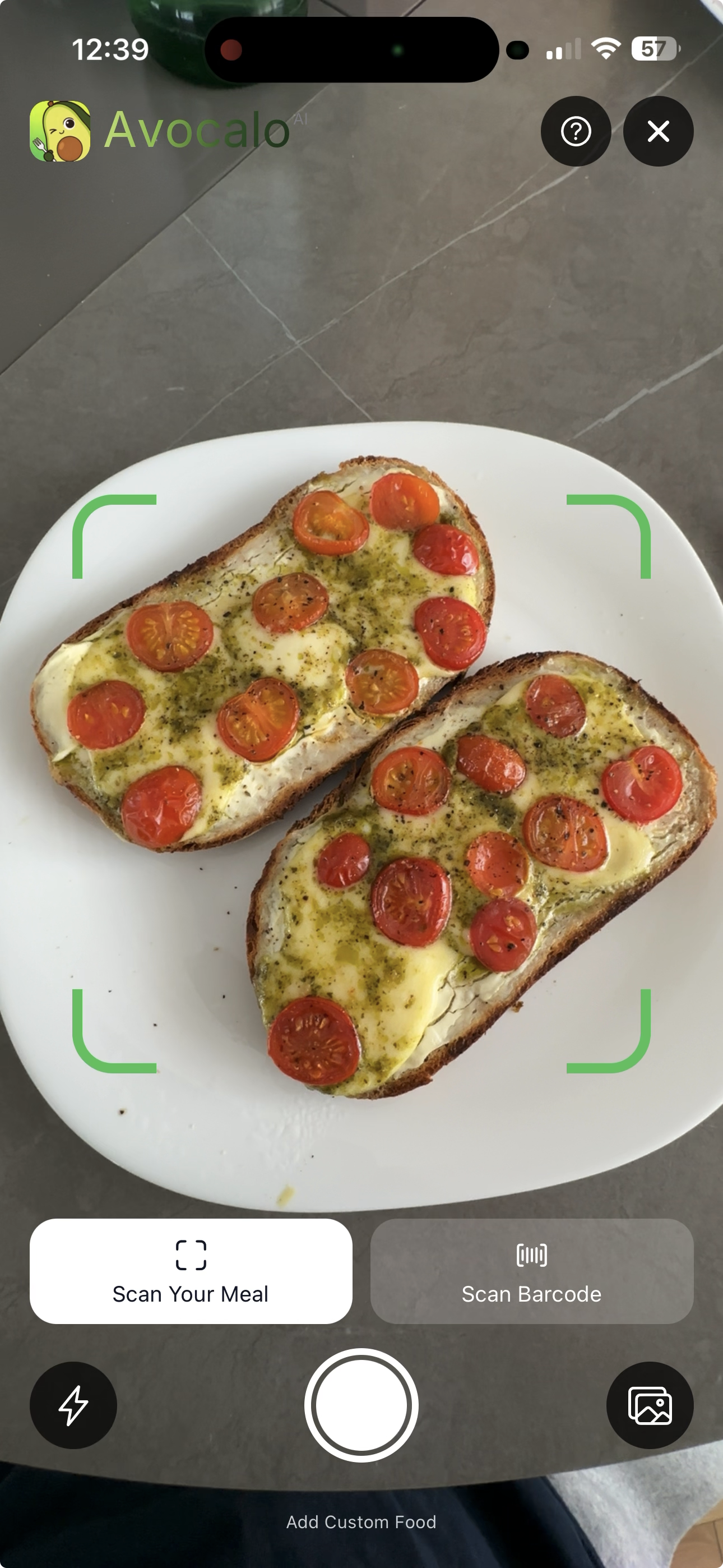 Avocalo meal scanning screen