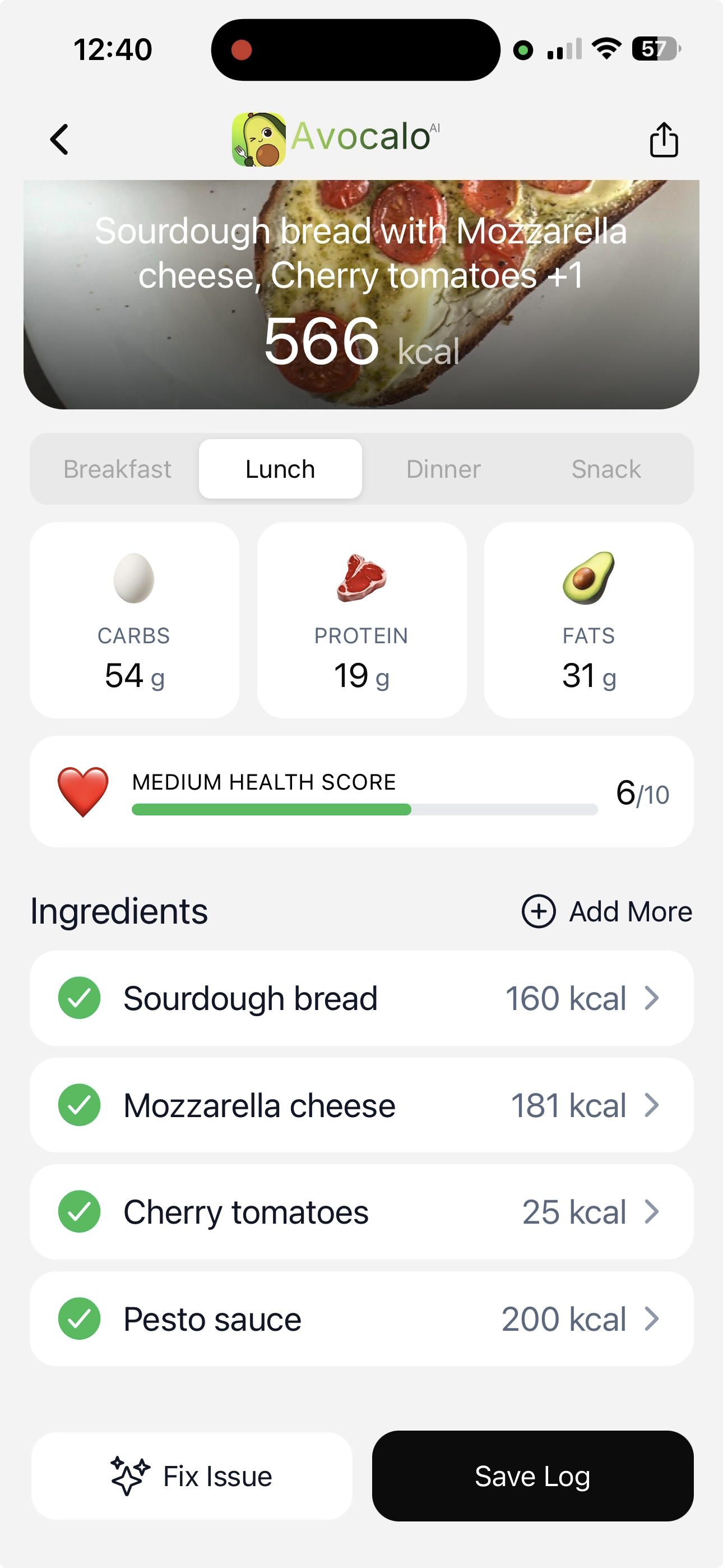 Avocalo meal tracking screen